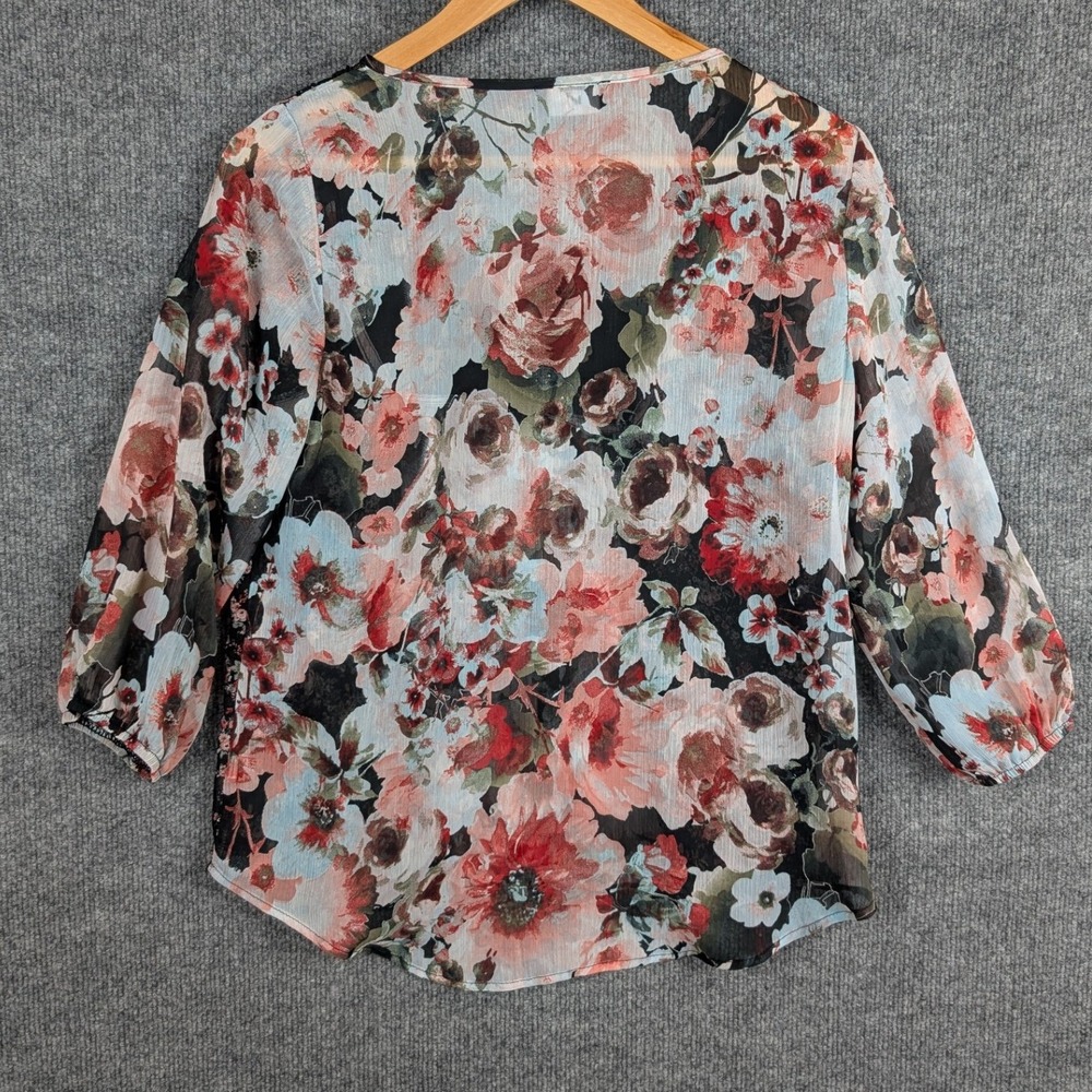IZ Byer M Floral Lace Too Blouse Sheer 3/4 Sleeve Black Top Peasant Boho Flowy - Picture 4 of 5
